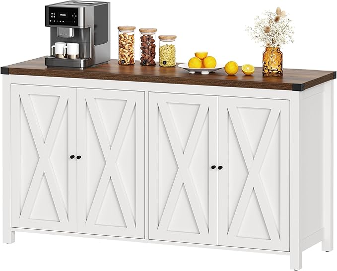 YITAHOME Farmhouse Sideboard Buffet Cabinet with Storage with 4 Doors, 55'' Large Kitchen Storage Cabinet, Wood Coffee Bar Cabinet with Adjustable Shelf for Kitchen, Living Room, White - LeafyLoom