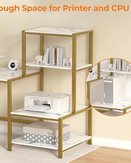 GreenForest Computer Desk with Storage Printer Shelf, 58 inch Home Office Vanity Desk with Movable Monitor Stand and 2 Headphone Hook for PC Makeup Writing Study, White and Golden - LeafyLoom