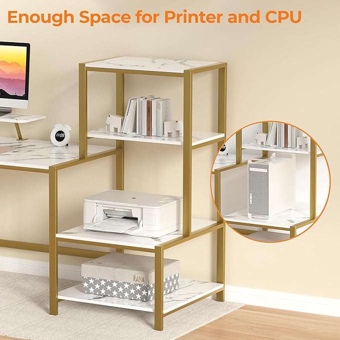 GreenForest Computer Desk with Storage Printer Shelf, 58 inch Home Office Vanity Desk with Movable Monitor Stand and 2 Headphone Hook for PC Makeup Writing Study, White and Golden - LeafyLoom