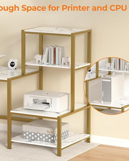 GreenForest Computer Desk with Storage Printer Shelf, 67 inch Home Office Vanity Desk with Movable Monitor Stand and 2 Headphone Hook for PC Makeup Writing Study, White and Golden - LeafyLoom