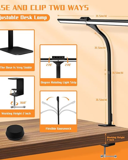 LED Desk Lamp, Office Architectural Desk Lamp, 31.5'' Large Size Office Lighting, 24W 5-Colour LED Computer Monitor Gooseneck Smart Lamp with Holder for Studying, Creating and Reading - LeafyLoom