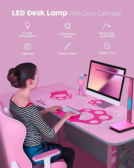 poukaran Desk Lamp, LED Desk Lamp with Wireless Charger, USB Charging Port, Table Lamp with Clock, Alarm, Date, Temperature, Office Lamp, Desk Lamps for Home Office, Pink - LeafyLoom