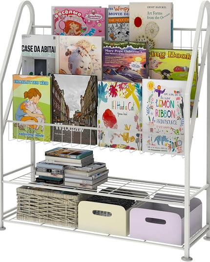 Kids Bookshelf Freestanding for Children Room 32 Inches White Metal Bookcase Large Capacity Books Toys Organizer Stable 5 Tiers Kids Book Rack for Playroom Bookstore Library. - LeafyLoom