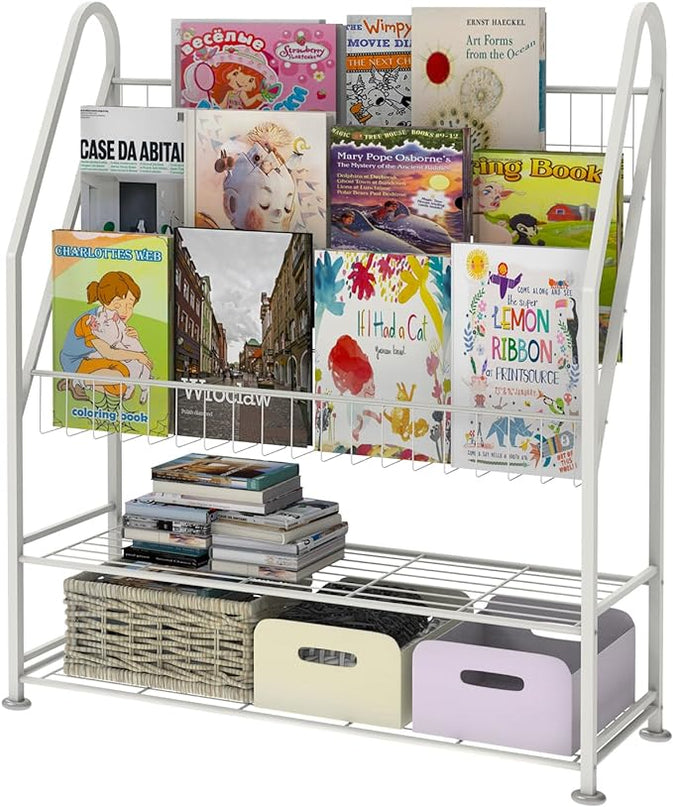 Kids Bookshelf Freestanding for Children Room 32 Inches White Metal Bookcase Large Capacity Books Toys Organizer Stable 5 Tiers Kids Book Rack for Playroom Bookstore Library. - LeafyLoom
