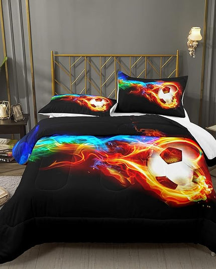 Bodhi Soccer Comforter Set King Size,Fire Sports Comforter Set for Boys,Football Bedding King,Teen Boy Bedding Set with Matching Pillowcases,Kids Comforter Set King - LeafyLoom