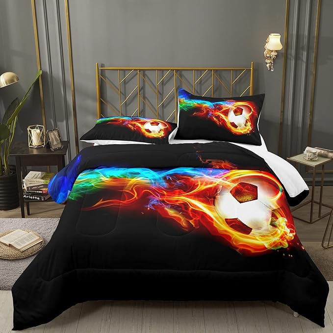 Bodhi Soccer Comforter Set King Size,Fire Sports Comforter Set for Boys,Football Bedding King,Teen Boy Bedding Set with Matching Pillowcases,Kids Comforter Set King - LeafyLoom