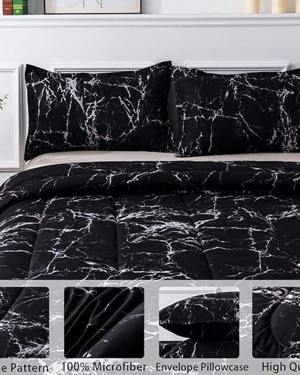 Litanika Black Marble Comforter Full(79X90Inch), 3 Pieces (1 Marble Comforter+2 Pillowcases) Soft Lightweight Microfiber Comforter Bedding Set for Men and Women - LeafyLoom