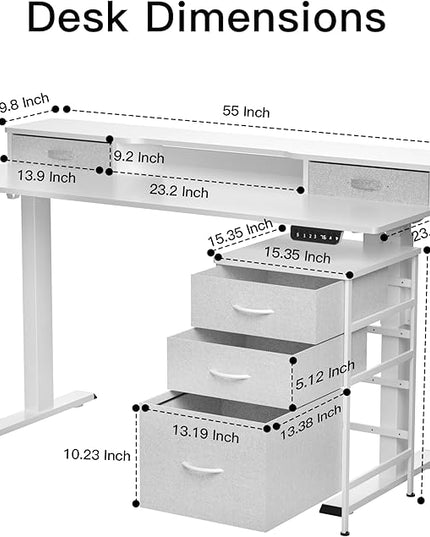 55 Inch Electric Standing Desk with Cabinet & Drawers, Height Adjustable Sit Stand Desk with Monitor Shelf, Smart Home Office Standing Computer Desk, White - LeafyLoom