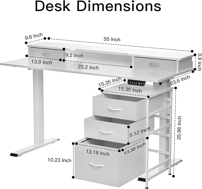 55 Inch Electric Standing Desk with Cabinet & Drawers, Height Adjustable Sit Stand Desk with Monitor Shelf, Smart Home Office Standing Computer Desk, White - LeafyLoom