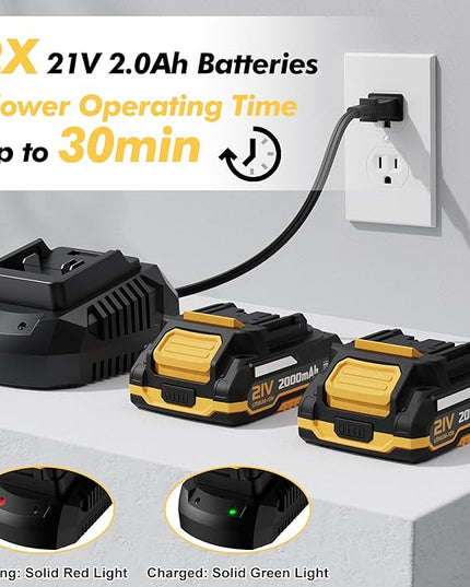 Leaf Blower Cordless - 21V Electric Cordless Leaf Blower with 2 Batteries and Charger, 2 Speed Mode, 2.0Ah Lightweight Battery Powered Leaf Blowers for Lawn Care, Patio, Blowing Leaves Lemon Yellow - LeafyLoom