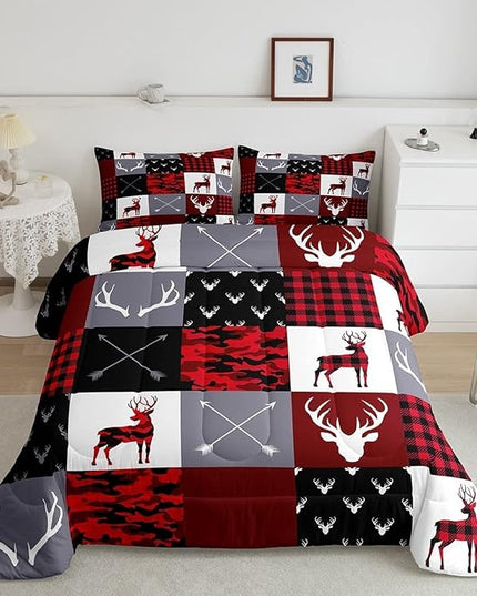 Boys Deer Antlers Silhouettes Comforter Set King Size,Geometric Plaids Patchwork Bedding Set 3pcs for Kids Teens Adults Girls Home Decor,Red Camouflage Christmas Xmas Down Comforter,Rustic Farmhouse - LeafyLoom