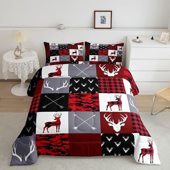 Boys Deer Antlers Silhouettes Comforter Set King Size,Geometric Plaids Patchwork Bedding Set 3pcs for Kids Teens Adults Girls Home Decor,Red Camouflage Christmas Xmas Down Comforter,Rustic Farmhouse - LeafyLoom