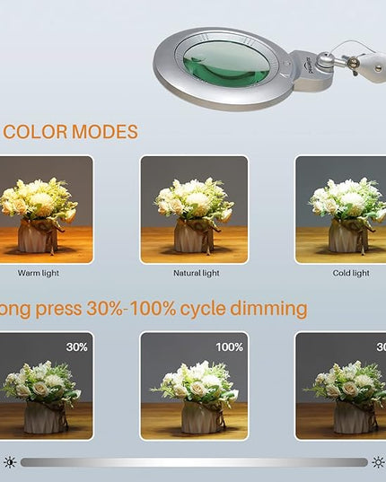 Bifocals Magnifying Desk Lamp with Clamp, 5 Diopter with 20 Diopter, 6 Inch Detachable Lens and 120PCS LEDs, 3 Color Modes 1200 Lumens Swivel Arm Magnifying Lamp with Light for Crafts - LeafyLoom