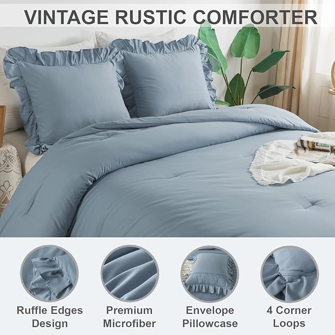 Andency Grayish Blue King Comforter Set(104x90Inch), 3 Pieces Lightweight Winter Summer Warm Fluffy Bedding Comforter Set, All Season Microfiber Shabby Chic(1 Ruffle Comforter and 2 Pillowcases) - LeafyLoom