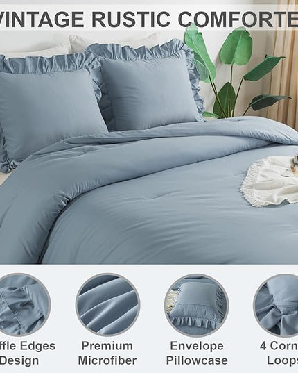 Andency Grayish Blue Twin Size Comforter(66x90Inch), 2 Pieces(1 Ruffle Comforter and 1 Pillowcase) Solid Farmhouse Shabby Chic Comforter, Lightweight and Soft Microfiber Bedding Set for All Season - LeafyLoom