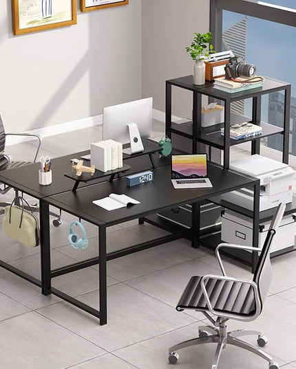 GreenForest Computer Desk 67 inch with Storage Printer Shelf, Reversible Gaming Home Office Desk Large Study Writing Table with Movable Monitor Stand and 2 Headphone Hooks for PC Working, Black - LeafyLoom