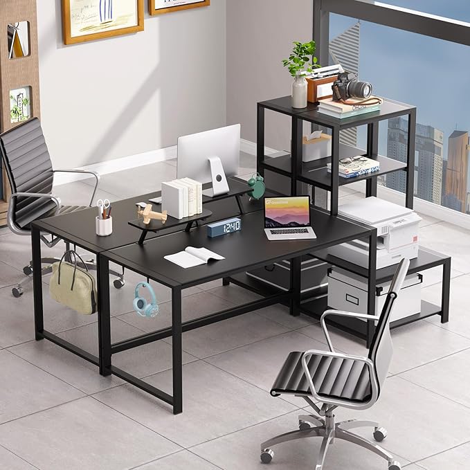 GreenForest Computer Desk 67 inch with Storage Printer Shelf, Reversible Gaming Home Office Desk Large Study Writing Table with Movable Monitor Stand and 2 Headphone Hooks for PC Working, Black - LeafyLoom