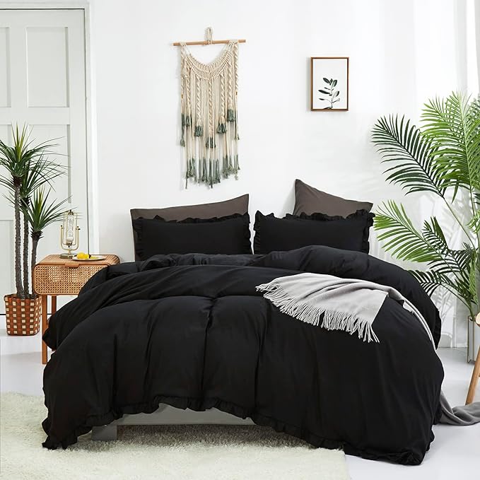 Black Ruffled Comforter Set Cal King Size Bedding Set Women Black Ruffles Blanket Men California King Ruffled Comforter Farmhouse Ruffle Fringe Design Girls 3 PCs Black Ruffled Bedding Set - LeafyLoom