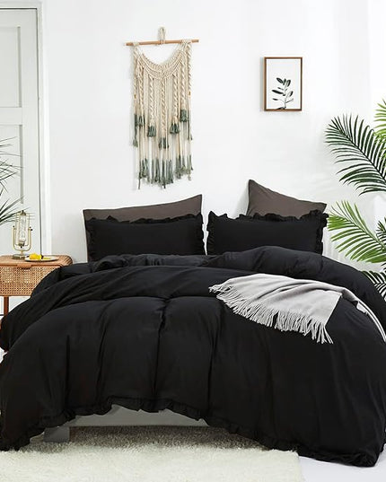 Black Ruffled Comforter Set Full Size Bedding Set Women Black Ruffles Blanket Men Black Ruffled Comforter Farmhouse Ruffle Fringe Design Girls 3 PCs Solid Black Ruffled Bedding Set - LeafyLoom