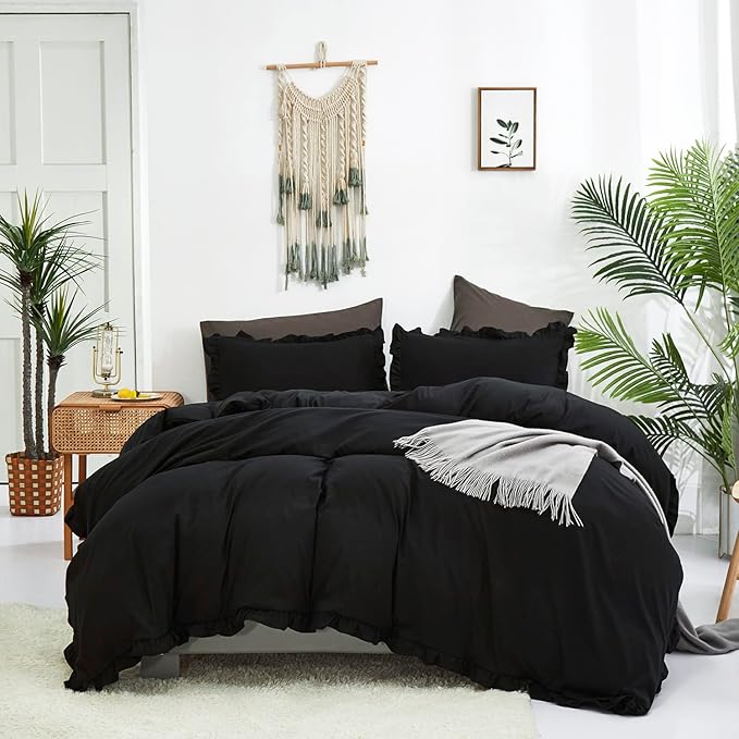 Black Ruffled Comforter Set Full Size Bedding Set Women Black Ruffles Blanket Men Black Ruffled Comforter Farmhouse Ruffle Fringe Design Girls 3 PCs Solid Black Ruffled Bedding Set - LeafyLoom