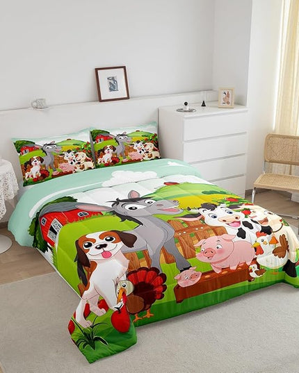 Cute Farm Animals Bedding Set Kids Cartoon Pig Dog Cow Horse Comforter Set for Boys Girls Teens Nature Country Style Comforter Farmhouse Rustic Duvet Set Colorful Bedroom Decor Quilt Set Full Size - LeafyLoom