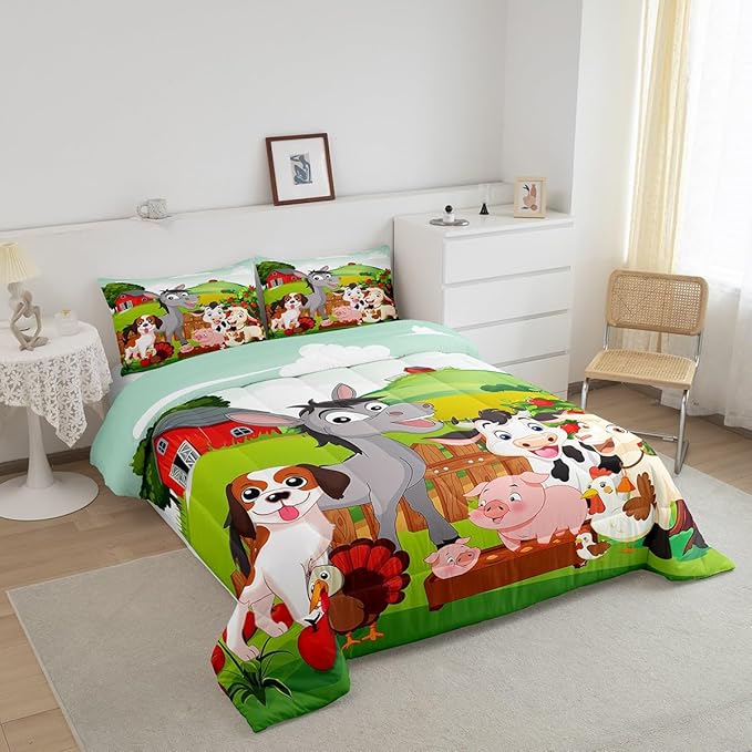 Cute Farm Animals Bedding Set Kids Cartoon Pig Dog Cow Horse Comforter Set for Boys Girls Teens Nature Country Style Comforter Farmhouse Rustic Duvet Set Colorful Bedroom Decor Quilt Set Full Size - LeafyLoom