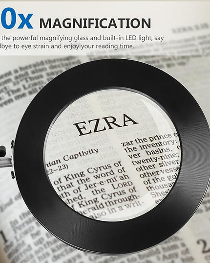 Magnifying Glass with Light and Stand, Stepless Dimming, 3 Color Modes, 10X Magnification, 4.1 Diameter Glass Lens, with Replaceable Weighted Flat Base, C-Clamp Base and Power Adapter - LeafyLoom