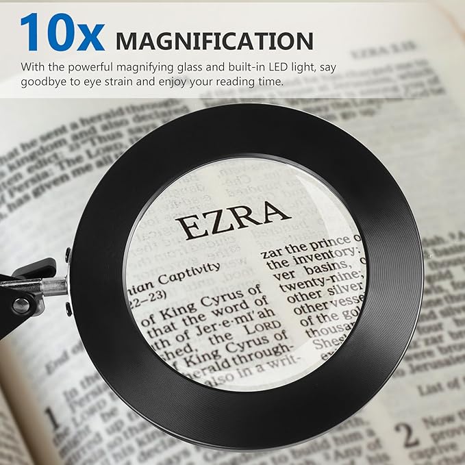 Magnifying Glass with Light and Stand, Stepless Dimming, 3 Color Modes, 10X Magnification, 4.1 Diameter Glass Lens, with Replaceable Weighted Flat Base, C-Clamp Base and Power Adapter - LeafyLoom