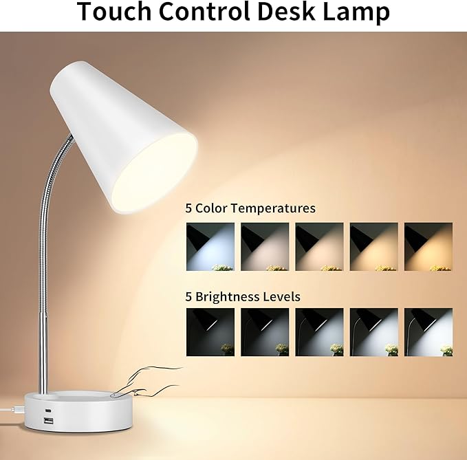 RUNTOP Desk Lamp, Desk Lamps for Home Office with 5 Color Modes 5 Brightness Dimmer Reading Light & USB Port, Type C port, 7W LED Table Lamp, 360° Flexible Gooseneck Lamp Light for Bed Bedside, White - LeafyLoom