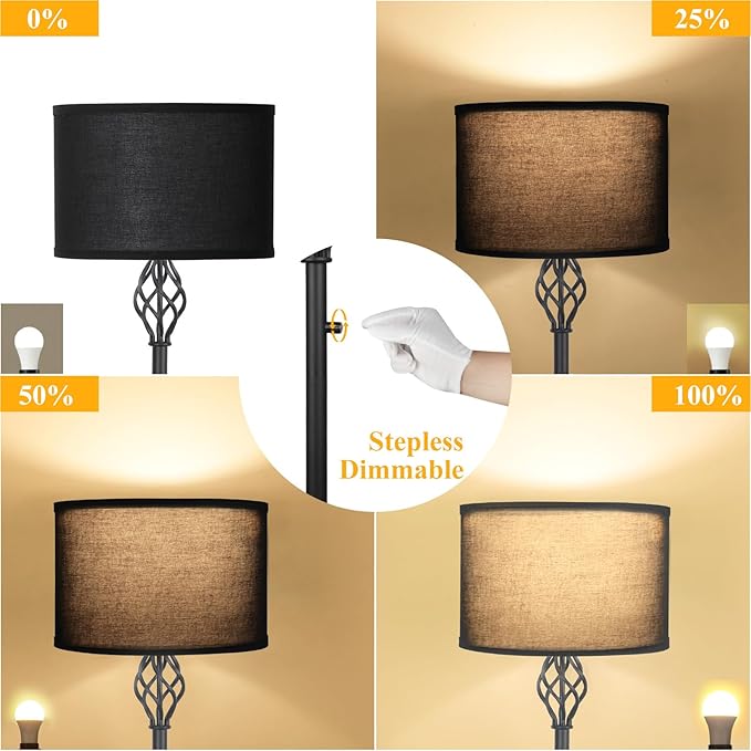 Dimmable Floor lamp, Floor Lamps for Living Room, Modern Standing Lamp with Black Linen Shade, Rotary Switch, 10W LED Bulb(1000LM, 2700K), Reading Tall Floor Lamp for Bedroom Office Dinning Room - LeafyLoom