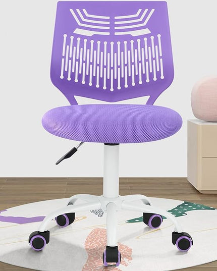 Kids Desk Chair, Armless Home Office Task Chair with Mesh Padded Cushion, Swivel Study Computer Chair with Rolling Wheels for Children Student, Purple - LeafyLoom