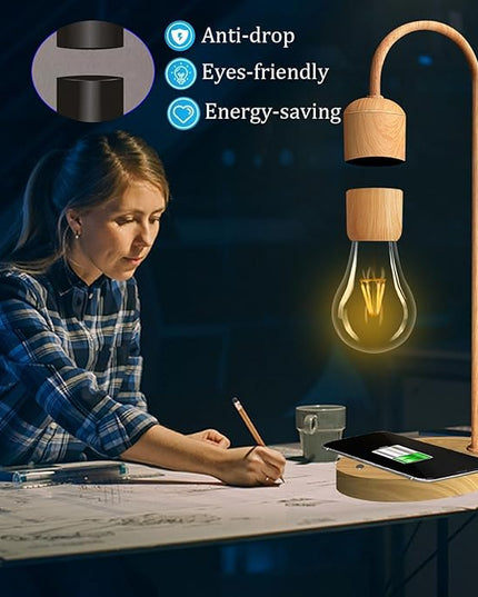 Magnetic Levitating Lamp with Wireless Phone Charging Pad Floating Light Bulb LED Night Light Wood Grain Table Lamp Levitation Desk Lamp for Office Home Decoration Christmas Gift - LeafyLoom