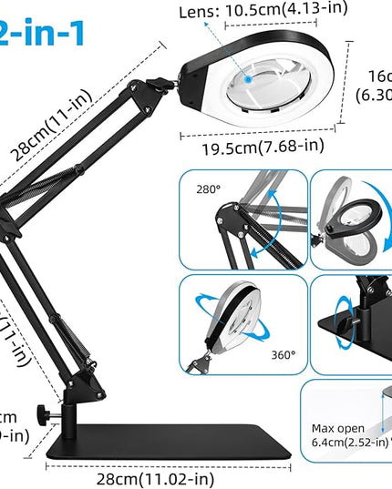 Magnifying Glass with Light and Stand & Desk Clamp, 4.2'' 5X Magnifier Lamp, 5-Color Dimmable LED, Swing Arm Magnifying Desk Lamp for Close Work, Crafting, Workbench & Reading - Rectangle Base - LeafyLoom
