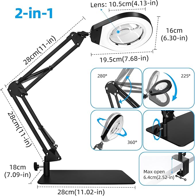 Magnifying Glass with Light and Stand & Desk Clamp, 4.2'' 5X Magnifier Lamp, 5-Color Dimmable LED, Swing Arm Magnifying Desk Lamp for Close Work, Crafting, Workbench & Reading - Rectangle Base - LeafyLoom