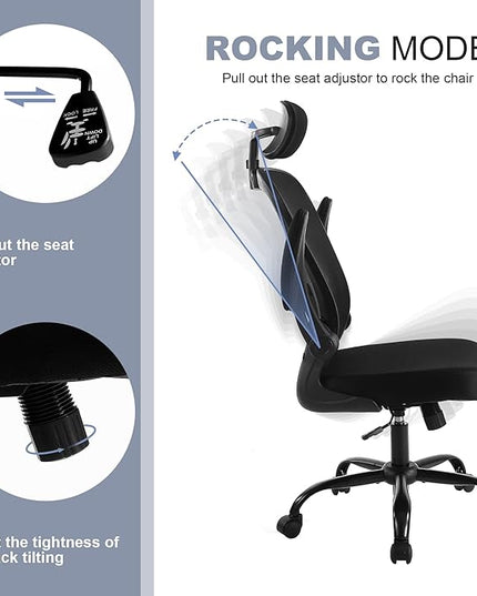 Office Chair Ergonomic Desk Chair Comfort Adjustable Height with Wheels，Lumbar Support Mesh Swivel Computer Home Office Study Task Chair Black (Black, 1Pack) - LeafyLoom