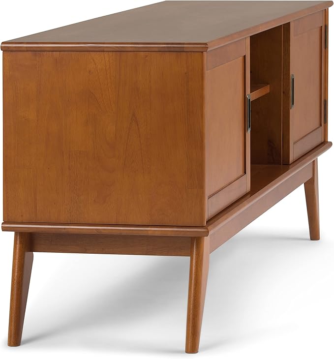 SIMPLIHOME Draper SOLID WOOD Universal TV Media Stand, 60 Inch Wide, Modern Industrial, Living Room Entertainment Center, for Flat Screen TVs up to 70 Inch in Teak Brown - LeafyLoom