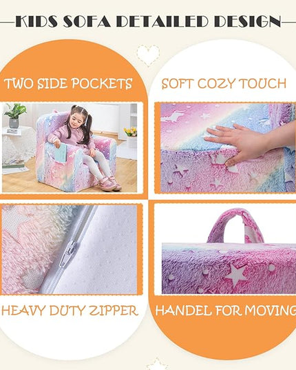 Snuggly-Soft Cuddly Toddler Plush Armchair for Boys and Girls Glowing Pink Fuzzy Plush Kids Sofa Couch Reading Chair with Children Friendly Handle for Easy Movement & Double Pockets for Storage - LeafyLoom