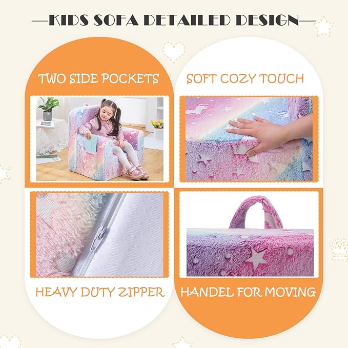 Snuggly-Soft Cuddly Toddler Plush Armchair for Boys and Girls Glowing Pink Fuzzy Plush Kids Sofa Couch Reading Chair with Children Friendly Handle for Easy Movement & Double Pockets for Storage - LeafyLoom