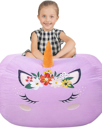 Aubliss Stuffed Animal Storage, Velvet Bean Bag Chairs Cover, Large 32" Ultra Soft Kids Toy Storage Organizer for Blankets Towels Clothes, Purple Floral - LeafyLoom