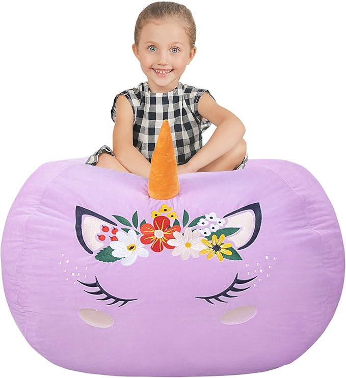 Aubliss Stuffed Animal Storage, Velvet Bean Bag Chairs Cover, Large 32" Ultra Soft Kids Toy Storage Organizer for Blankets Towels Clothes, Purple Floral - LeafyLoom