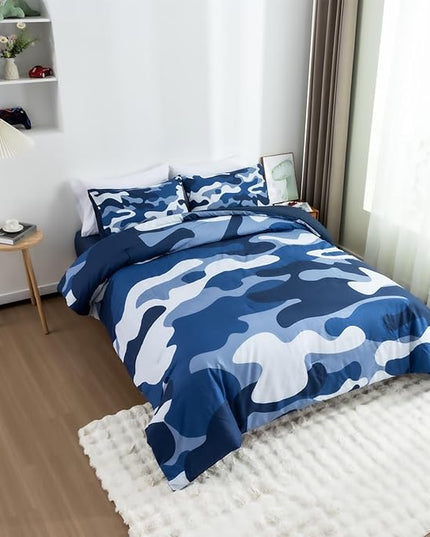 Meeting Story Camouflage Bedding Set, Colorful Pattern Style Comforter Set, 5 PCS One Comforter Two Pillowcases Two Sheets in One Bag, All Season Bedspread for Teens Adults (Navy,Twin 5Pcs) - LeafyLoom