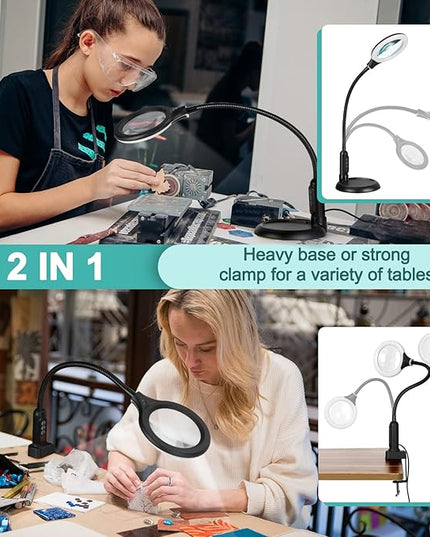 8X Magnifying Glass with Light and Clamp, 5 Color Modes Stepless Dimmable Lighted Magnifier with Stand, Flexible Gooseneck LED Desk Lamp Hands Free for Craft Reading Painting Hobby Close Work - LeafyLoom