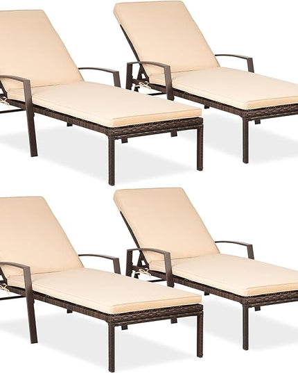 Pamapic 4 Pieces Patio Lounge Chair Set, Patio Chaise Lounges with Thickened Cushion, PE Rattan Steel Frame Pool Lounge Chair Set for Patio Backyard Porch Garden Poolside (Beige) - LeafyLoom