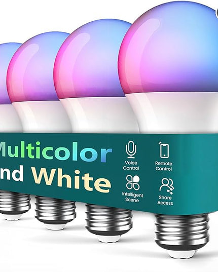 TREATLIFE Smart Light Bulbs 4 Pack, UL Certified 2.4GHz Color Changing Light Bulb, Works with Alexa Google Home, A19 E26 Dimmable LED Light Bulb 9W 800 Lumen for Party Decoration, Smart Home Lighting TREATLIFE