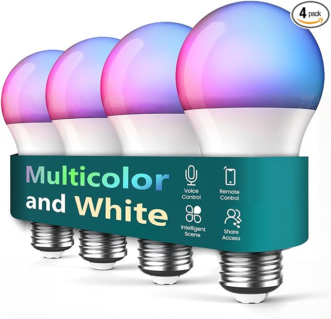 TREATLIFE Smart Light Bulbs 4 Pack, UL Certified 2.4GHz Color Changing Light Bulb, Works with Alexa Google Home, A19 E26 Dimmable LED Light Bulb 9W 800 Lumen for Party Decoration, Smart Home Lighting TREATLIFE