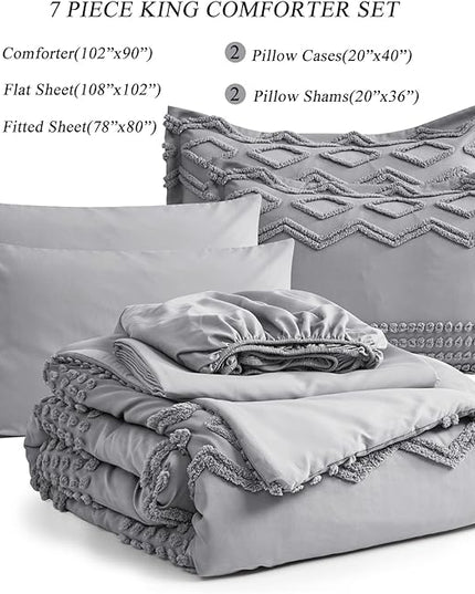 KAKIJUMN Grey Tufted Comforter Set King Size 7 Piece Bed in a Bag, Shabby Chic Boho Comforter and Sheet Set, Pom Pom Textured Bed Set, All Season Soft Microfiber Complete Bedding Set(Grey,King) - LeafyLoom