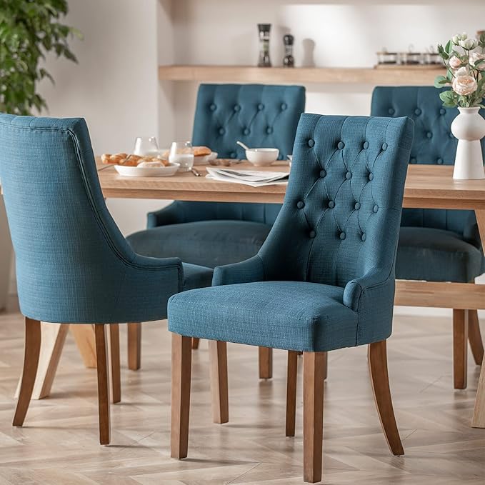COLAMY Wingback Upholstered Dining Chairs Set of 6, Fabric Side Dining Room Chairs with Tufted Button, Living Room Chairs for Home Kitchen- Dark Blue - LeafyLoom