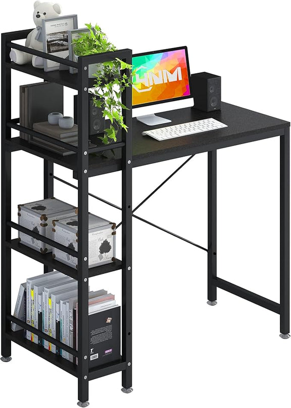 4NM 35" Small Computer Desk with 4-Tier Bookshelf, Home Office Desk Writing Workstation Study Table Multipurpose for Small Space Work - All Black - LeafyLoom