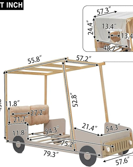 Full Size Race Car Bed Platform Bed with Pillow,Ceiling Cloth and LED Light,Wood Bed Frame W/Magazine Storage Rack,for Kids Boys Girls Teens,Natural - LeafyLoom