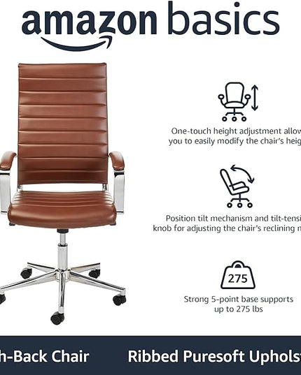 Amazon Basics Executive Modern High-Back Adjustable Rolling Office Computer Desk Chair with Armrests, 360 Swivel, 330 Pound Capacity, 23.25"D x 24.75"W x 45.25"H, Chrome, Brick Red Faux Leather - LeafyLoom